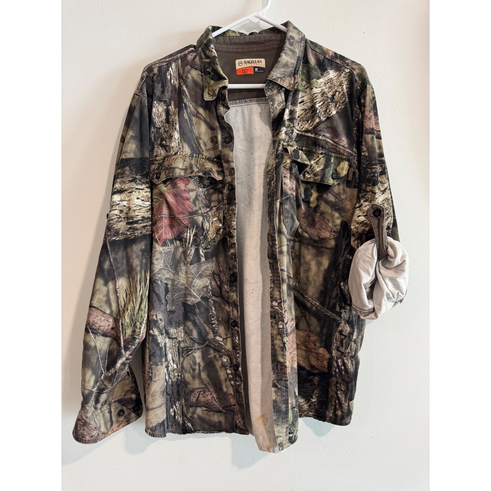 Magellan Hunt Gear Mossy Oak Camo Shirt Mens Medium Brown Roll Tab Sleeve